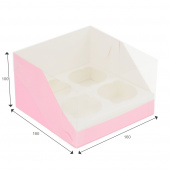 Коробка для 4 капкейков с пластиковой крышкой, 160*160*100, розовая